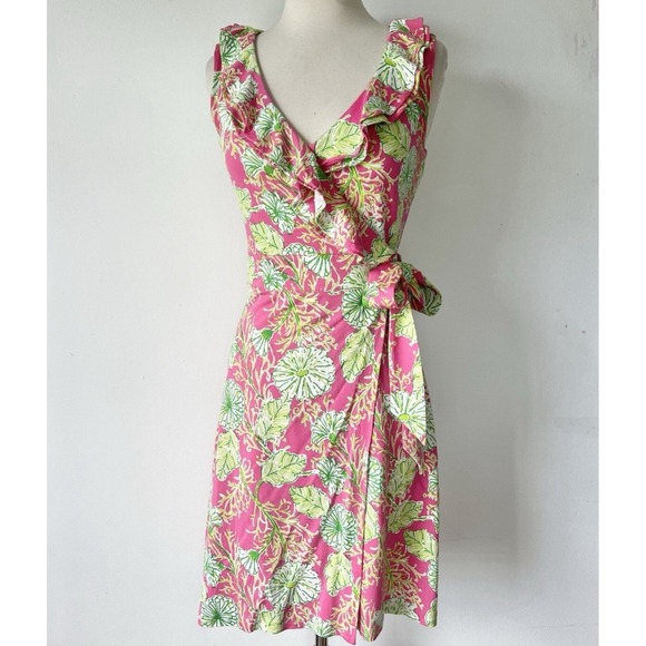 Lilly Pulitzer Dresses & Skirts - LILLY PULITZER Sleeveless Pink Green Silk Blend Jersey Ruffle Wrap‎ Dress S NWOT